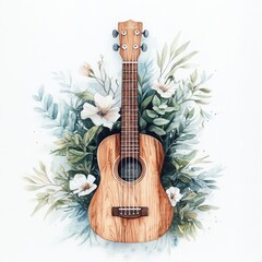 Ukulele surrounded by floral greenery