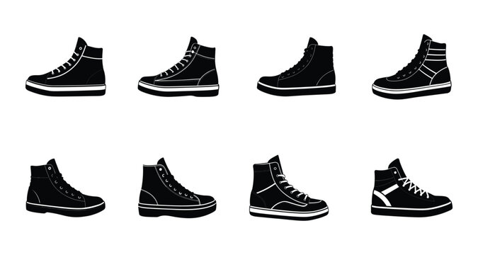 A set of eight classic high-top sneaker vector silhouette designs. Simple collection. Isolated bundle on white background.