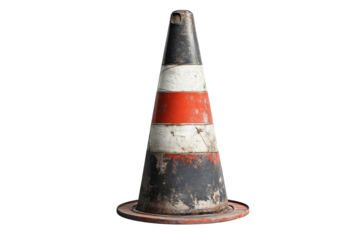 A Weathered Traffic Cone, A Silent Sentinel Of Forgotten Roads And Bygone Days, Stands Stark Against A Clean Isolated on Transparent Background Its Faded Red, White, And Black Paint Telling Tales Of C