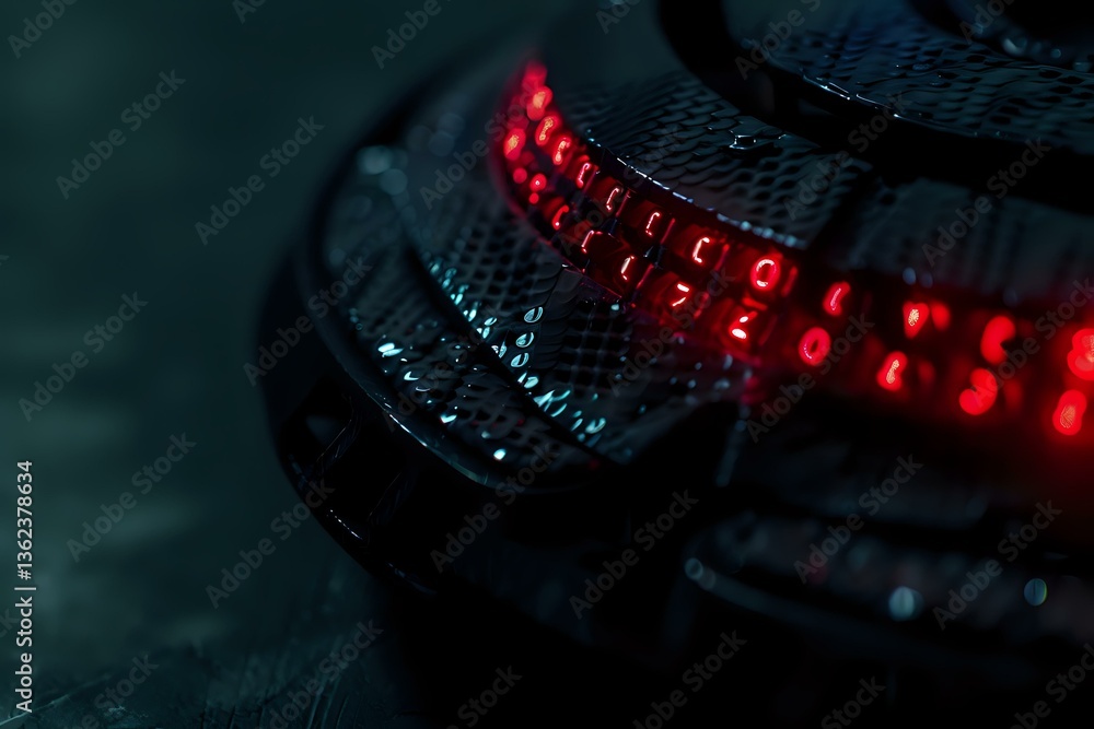 Poster red led lights glowing in dark macro shot with selective focus, creating futuristic technological at