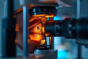 Close-up view of orange cat eye examination through slit lamp biomicroscope in veterinary clinic, dramatic lighting with blue and amber tones.