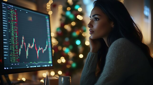 Confident Latina executive adjusting financial strategies with stock analysis on screen and a festive seasonal ambiance