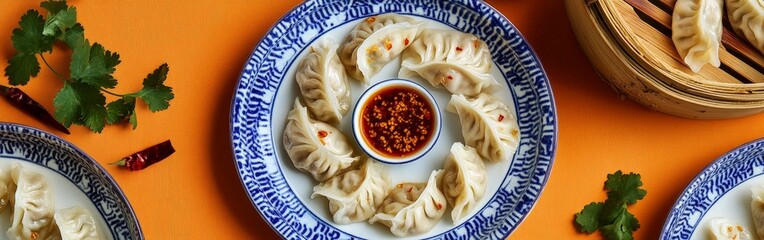 Dumplings with Dipping Sauce Served on Blue Plates: A Traditional and Flavorful Meal
