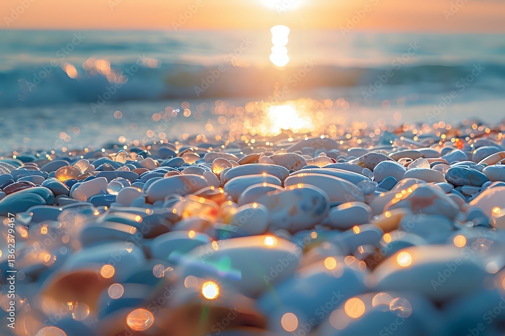 Poster smooth pebbles on beach at sunset with golden light reflection and bokeh effect creating dreamy atmo