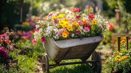 Spring wheelbarrow with flowers, a gardening theme