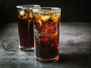Cola soft drink with ice cubes, soda fizzy drink in Cold two glass on gray background