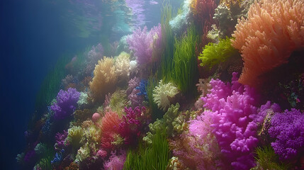 Obraz premium A diverse coral reef hosts vibrant pink orange and violet coral formations illuminated by sunlight filtering through