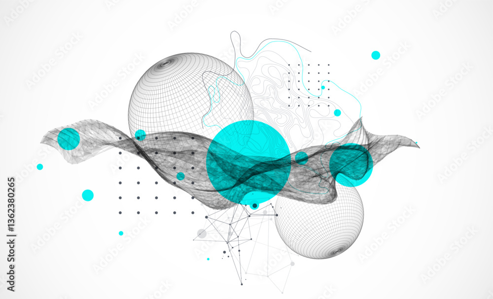 Aufkleber Science fiction background. Abstract image of wireframe wave and sphere with plexus effect.