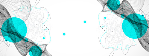 Science fiction background. Abstract image of wireframe wave and sphere with plexus effect.