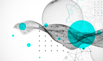 Science fiction background. Abstract image of wireframe wave and sphere with plexus effect. © Alex