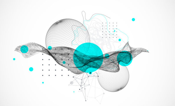 Science fiction background. Abstract image of wireframe wave and sphere with plexus effect.