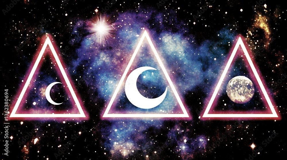 Aufkleber cosmic celestial bodies enclosed by glowing triangular shapes and celestial backgrounds