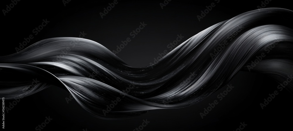 Poster abstract flowing waves of dark gray fluid gracefully and dynamically swirling on a black background