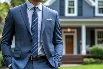 Man in Suit: A sharply dressed man in a tailored suit stands confidently in front of a classic house, symbolizing success, style, and aspiration. 