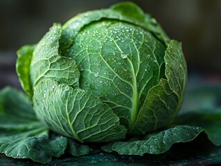 Fototapeta premium Fresh Cabbage Head with Dew Droplets: A Vibrant Close-Up of a Green Vegetable, Showcasing its Texture, Crispness, and Natural Beauty in Sharp Detail.