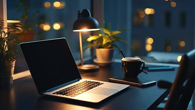 Late night study or working: Laptop with desk lamp, coffee cup, and modern office view