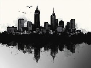 Obraz premium Monochromatic Metropolis: A Striking Black and White Cityscape with Towering Skyscrapers, Reflected Silhouettes, and Avian Sentinels Against a Minimalist Sky