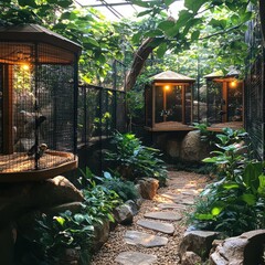 Serene Aviary Pathway: A Tranquil Garden Oasis with Birds in Enclosures