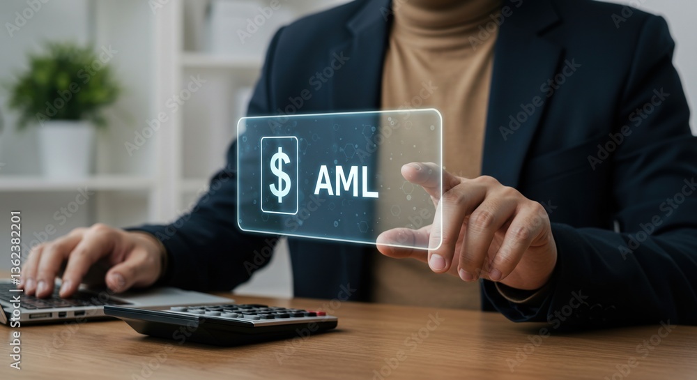 Poster a professional middle-aged asian man in a suit holding a transparent sign displaying ‘$ aml’ while w