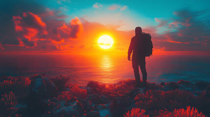 Obraz premium A lone figure gazes at the sun setting over the ocean the sky ablaze with vibrant hues from the ridge Rocks and plants