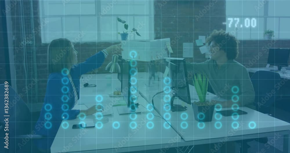 Poster two people working at desks with digital data animation overlay