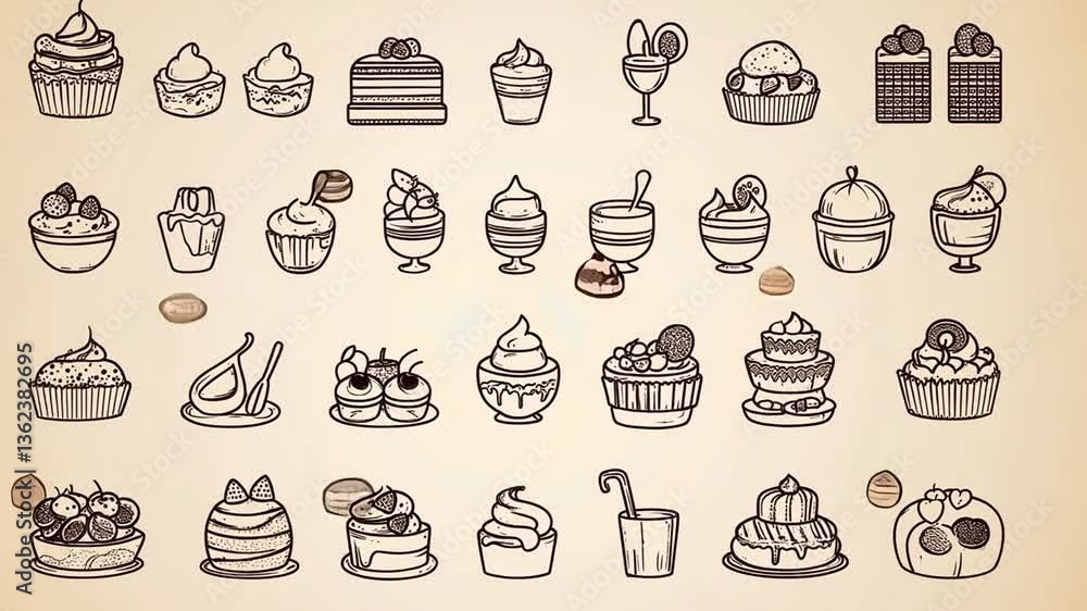 Poster collection of dessert-themed thin line icons in a grid layout generative ai