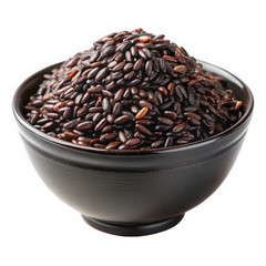 A close-up of a black bowl overflowing with nutritious black rice, showcasing its rich color and texture, ideal for healthy meals.