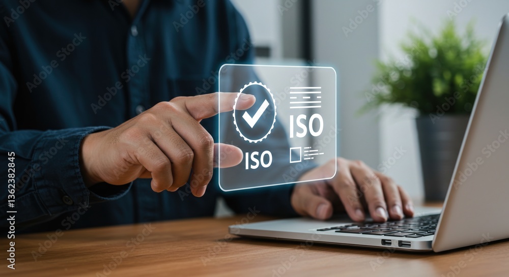 Poster a man in casual attire engaging with iso documentation on a transparent digital interface while work