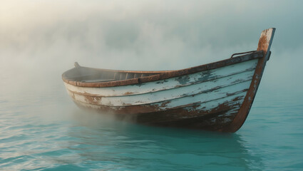 Fototapeta premium Old wooden boat floating in a misty, serene water landscape, symbolizing solitude and tranquility 