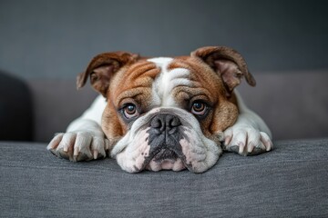 Fototapeta premium Stocky English Bulldog sitting with a grumpy yet cute face
