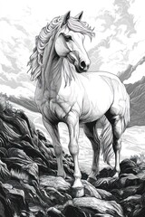 Majestic horse atop rocky mountain landscape