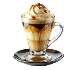 A decadent glass of iced coffee topped with creamy ice cream and drizzled with caramel sauce, served on a sleek black plate.