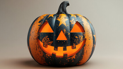 A terrible orange pumpkin in the colors of the US flag on a light autumn background.