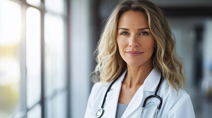 Confident female doctor in white coat, embodying professionalism and trust in healthcare.
