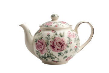 Vintage floral porcelain teapot with pink roses illustration isolated on Transparent Background