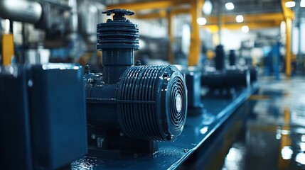 Fototapeta premium Industrial machinery close-up; dark-blue motor, pipes, and reflective floor
