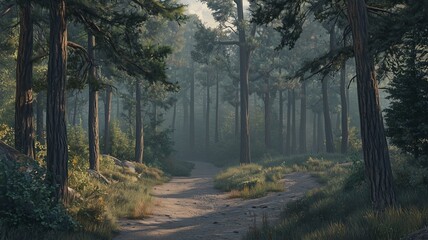 Obraz premium Ultra-realistic forest landscape with tall pine trees, a winding path, and misty morning sunlight filtering through 