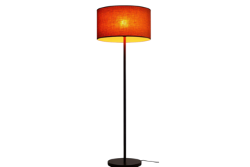 A warm orange glow from a solitary floor lamp illuminates the darkness casting a cozy ambiance with a simple cylindrical shade on a black stand.