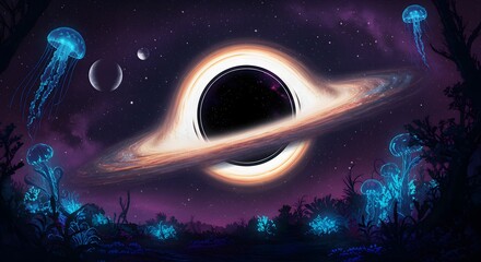 Surreal Cosmic Landscape with Black Hole and Bioluminescent Jellyfish