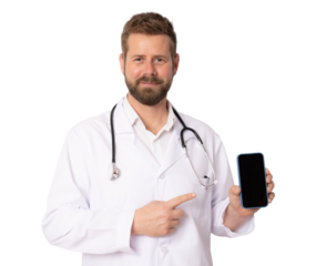 Young smiling male doctor showing screen mobile phone isolated on transparent background. Medical concept. PNG transparent