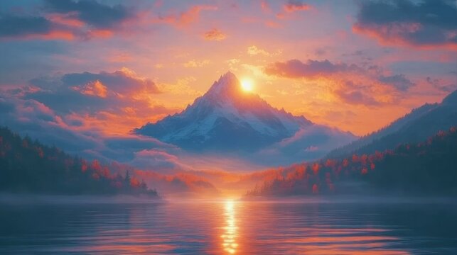 Majestic mountain sunrise over tranquil lake