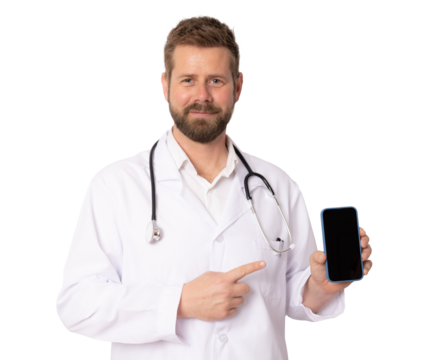 Young smiling male doctor showing screen mobile phone isolated on transparent background. Medical concept. PNG transparent