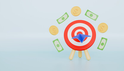 Archery target with paper plane, banknote and money coin, marketing Concept 3d illustration