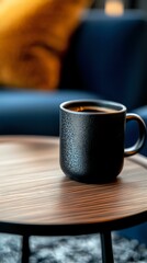 Steaming black coffee in textured ceramic mug on wooden table with soft morning light, creating cozy atmosphere for cafe and lifestyle photography.
