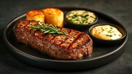 Juicy Grilled Steak with Herbs and Gourmet Sides Presented on a Stylish Black Plate Ideal for Culinary and Food Photography