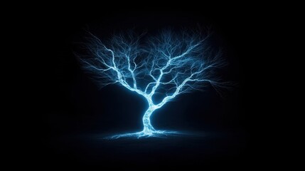 Glowing Electric Tree with Bright Neon Branches in Dark Background Creating Mystical and Surreal Atmosphere for Nature or Technology Themes