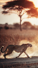 Obraz premium Wild cheetah running full speed on golden savanna at dusk