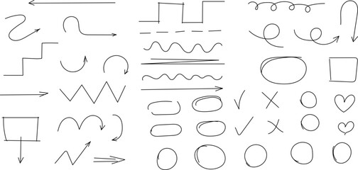 Hand drawn arrows, highlight, line sketch text underline strokes and emphasis marks. Set of Sketches of arrows, ellipse, rectangle, oval and mark. Collection of Doodle graffiti bubble draft shapes