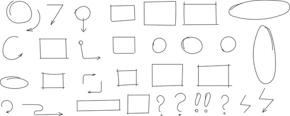 Hand drawn arrows, highlight, line sketch text underline strokes and emphasis marks. Set of Sketches of arrows, ellipse, rectangle, oval and mark. Collection of Doodle graffiti bubble draft shapes