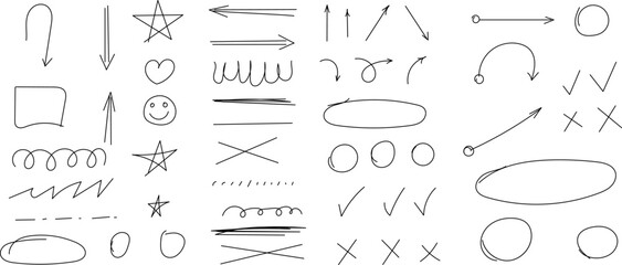 Hand drawn arrows, highlight, line sketch text underline strokes and emphasis marks. Set of Sketches of arrows, ellipse, rectangle, oval and mark. Collection of Doodle graffiti bubble draft shapes